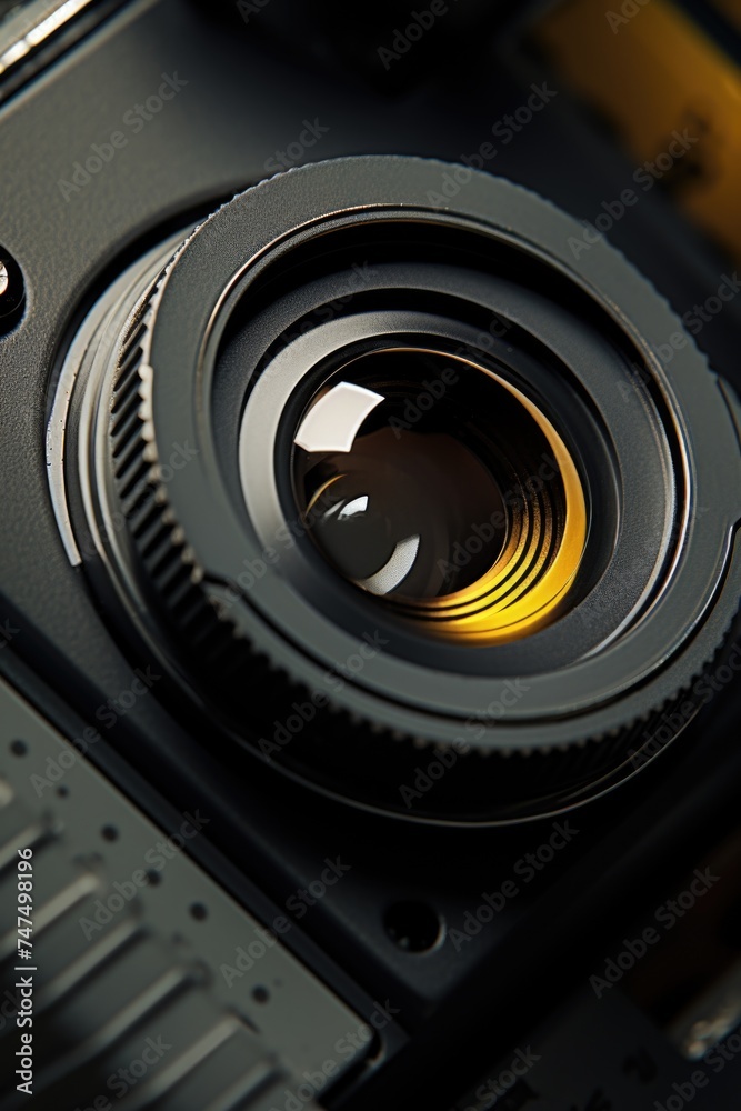 Close up of a camera with a yellow lens, suitable for technology and photography concepts