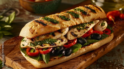 Juicy Chicken Sandwich with Pesto and Black Olives