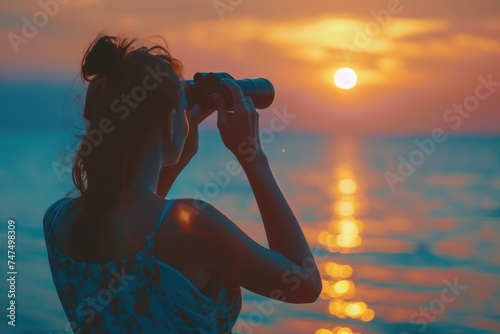 A woman taking a picture of the sun, suitable for travel blogs