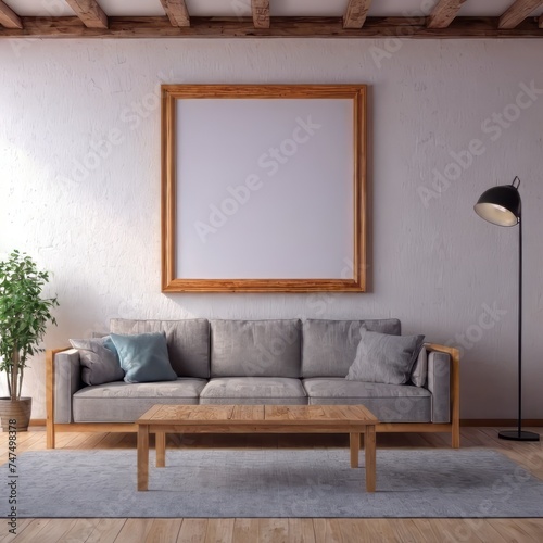 Modern Living Room with Couch and image frame hanging on a bright enlighted wall | Perfect Mockup for selling images