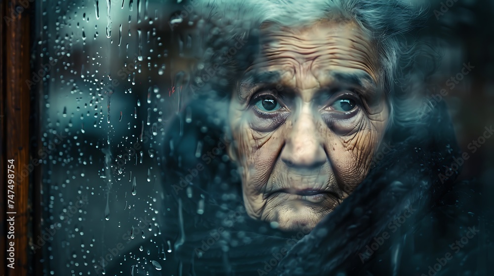 elderly woman looking through a foggy window. The photo depicts a poignant depiction of loneliness, as the woman stares into the misty unknown.