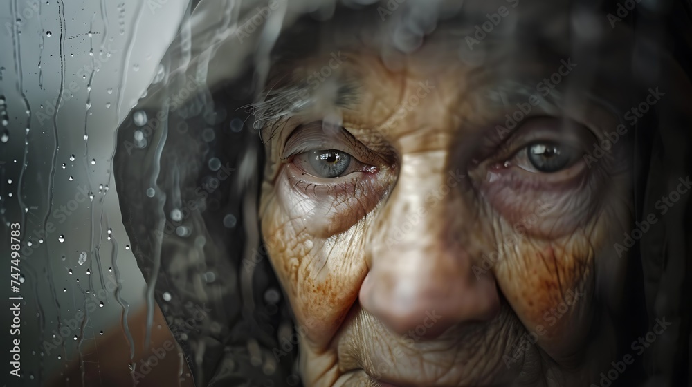 elderly woman looking through a foggy window. The photo depicts a poignant depiction of loneliness, as the woman stares into the misty unknown. - obrazy, fototapety, plakaty 