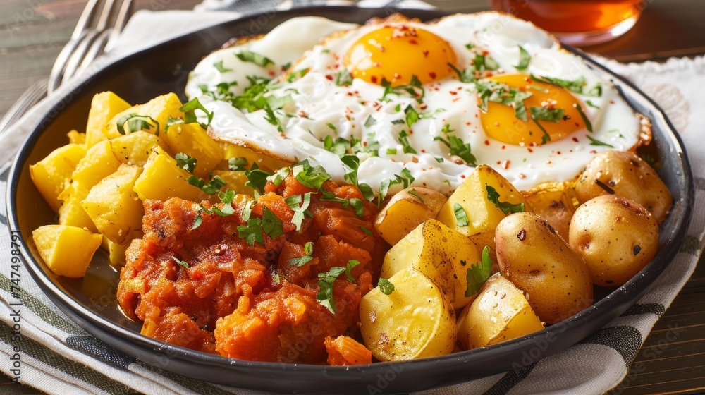 Hearty Breakfast Plate: Kaftaji with Roasted Harissa Vegetables and Eggs