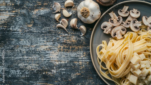 Fresh Basil and Mushroom Spaghetti on Rustic Background
