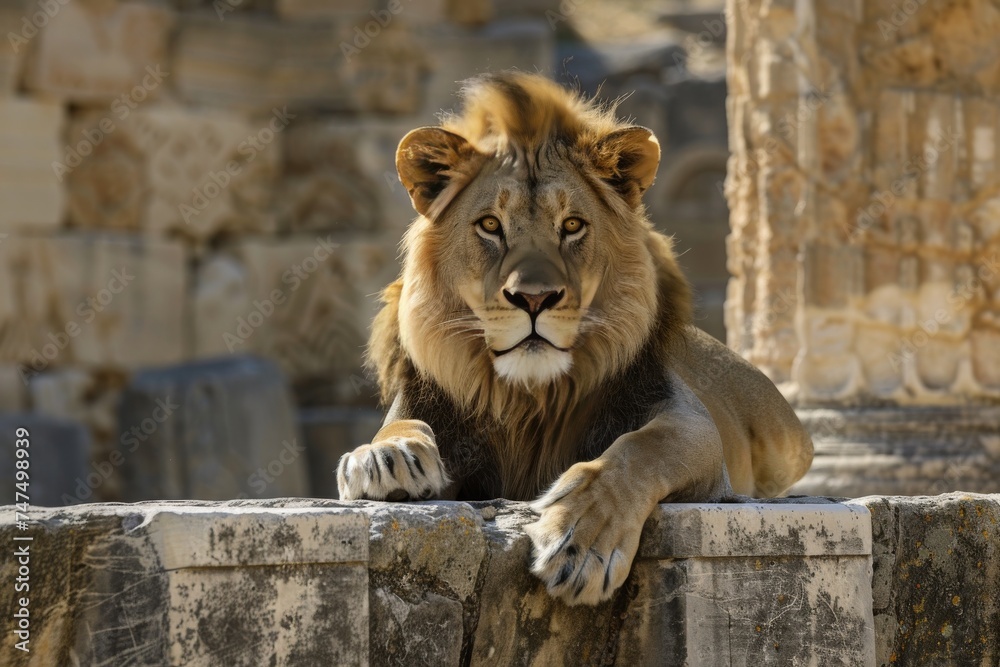A majestic lion resting on a stone structure with a focused gaze. A majestic lion resting on a stone structure with a focused gaze.