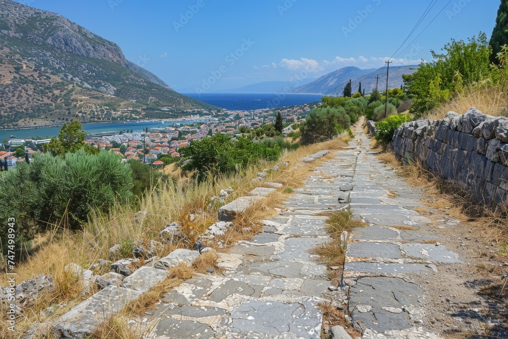 A scenic stone path overlooking a beautiful coastal village nestled between mountains and the sea.