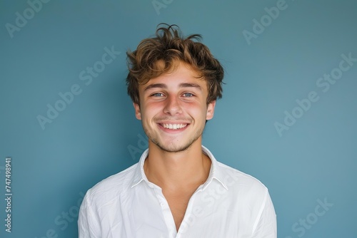 Portrait of a young man smiling Wearing a white shirt against a plain blue background Capturing a moment of happiness © Jelena