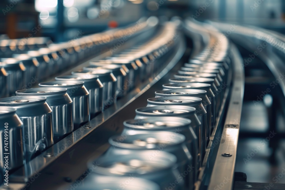 A conveyor belt with cans of soda moving along. Perfect for illustrating production or manufacturing processes - obrazy, fototapety, plakaty 