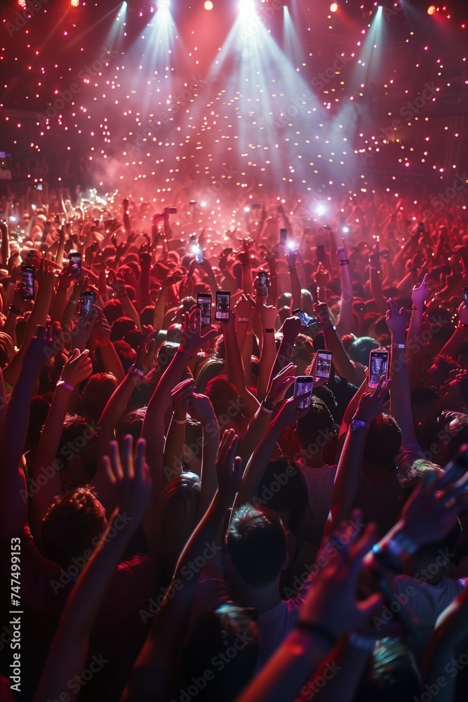 Crowd at Live Event, Concert, or Party Raises Hands and Smartphones in Unison