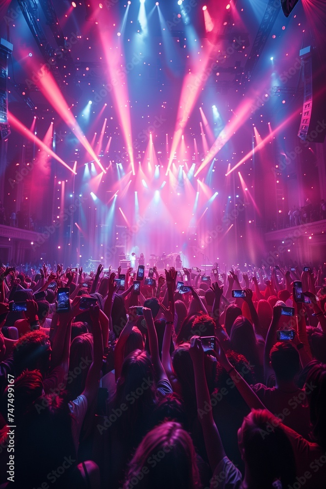 Crowd at Live Event, Concert, or Party Raises Hands and Smartphones in Unison