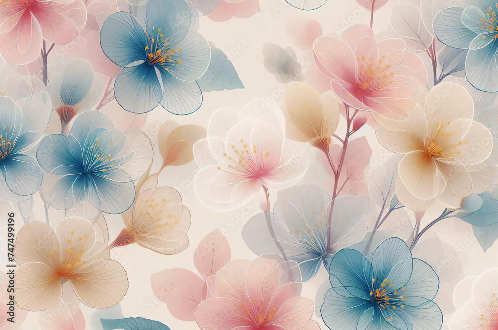 Background of translucent flowers in pastel colors. Generative artificial intelligence. AI generative