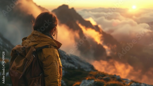 A woman standing on top of a mountain with a backpack. Suitable for outdoor and adventure concepts