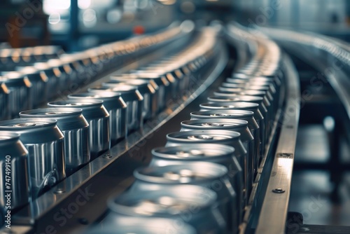 A conveyor belt with cans of soda moving along. Perfect for illustrating production or manufacturing processes photo
