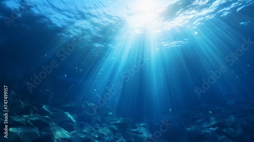 Deep blue ocean waves from underwater background with particles flowing movement, light rays shining through © Shabnam