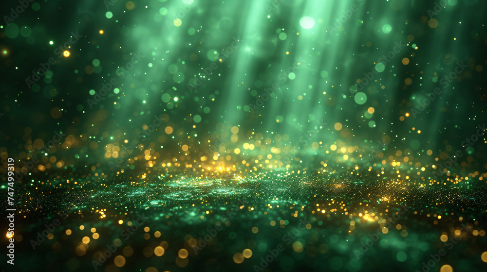 Asymmetric green light burst, abstract beautiful rays of lights on dark