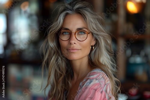 Latin Woman with Sweet Eyes  Sporting a Stylish Pink and White Ensemble and Modern Glasses Frame