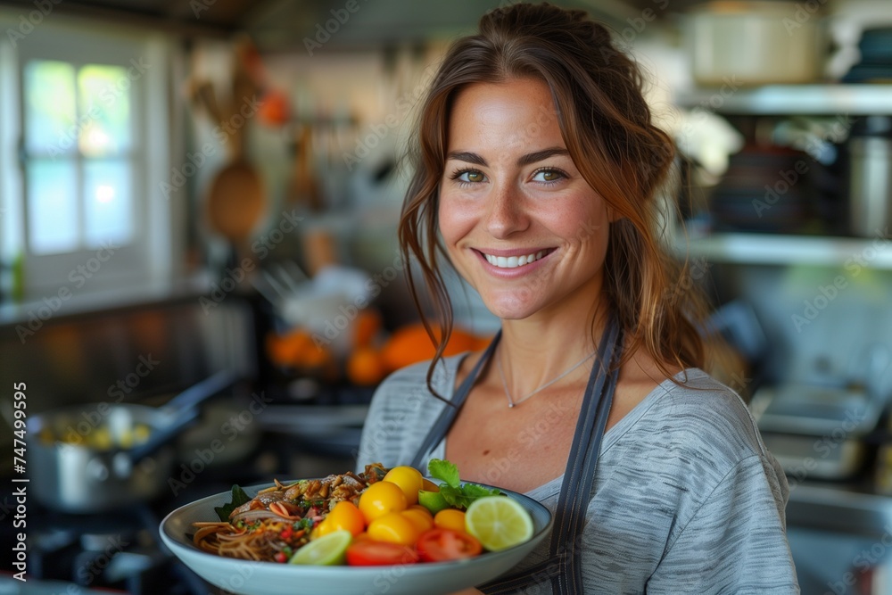 Woman Smiles, Holding Plate of Colorful, Portion-Controlled Food Amid Workout Equipment in Bright, Airy Kitchen