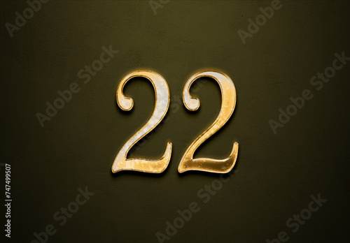 Old gold effect of 22 number with 3D glossy style Mockup. 