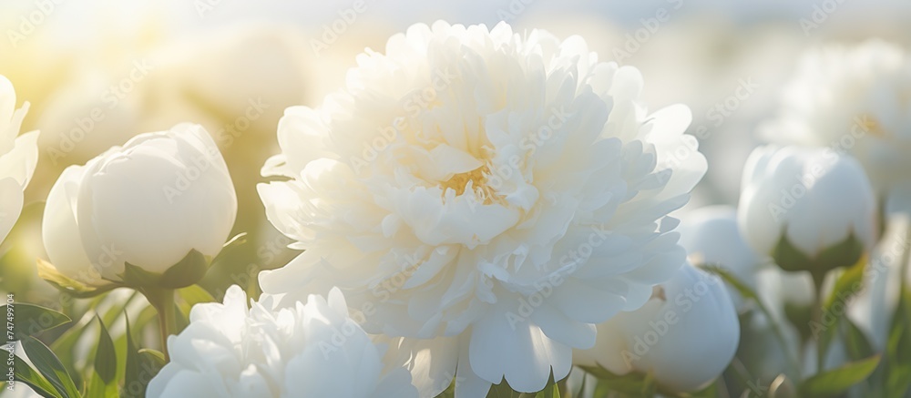 Beautiful soft white peony flower with smooth bokeh sun light background.
