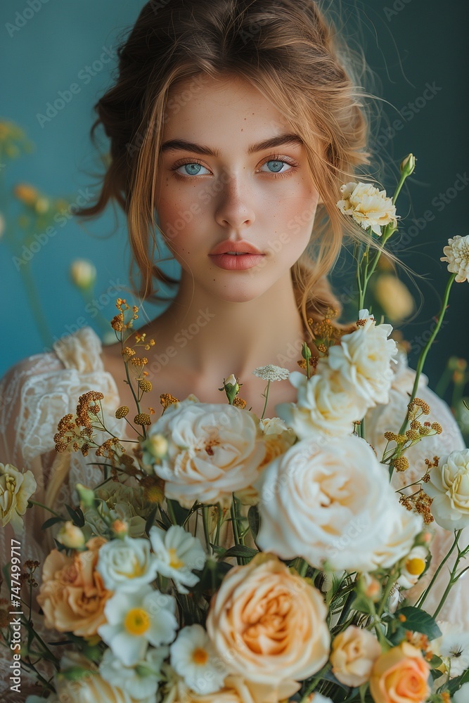 Woman Holding a Bouquet of Roses and Mixed Flowers