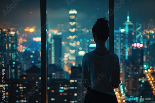 A woman gazing at a cityscape at night. Suitable for urban lifestyle concepts