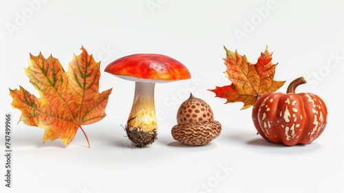 Group of different types of mushrooms and leaves, suitable for nature and food themes