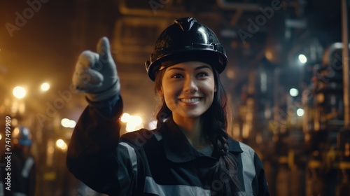 A woman wearing a hard hat giving a thumbs up gesture. Suitable for construction and success concepts © Fotograf