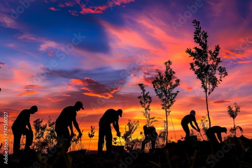 Serene twilight gardening scene with silhouettes of people planting trees under a vibrant sunset sky Capturing the peaceful connection between humans and nature