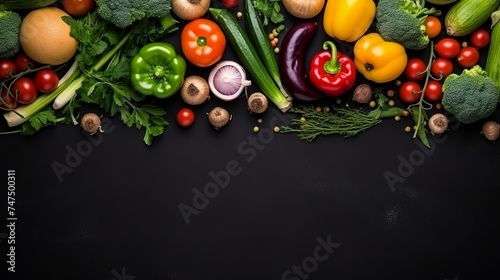 Frame of organic food. Fresh raw vegetables with black beans. On a black chalkboard