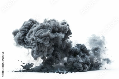 Smoke detonation with a dense black cloud High contrast isolated on a pure white background