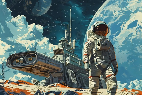 Space-themed illustration featuring an astronaut and a futuristic space station Exploring the mysteries of the universe and human spaceflight.