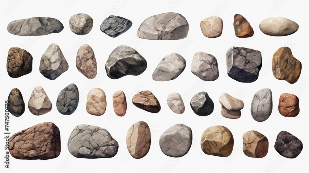 A bunch of rocks on a white surface, suitable for various design projects A bunch of rocks on a white surface, suitable for various design projects