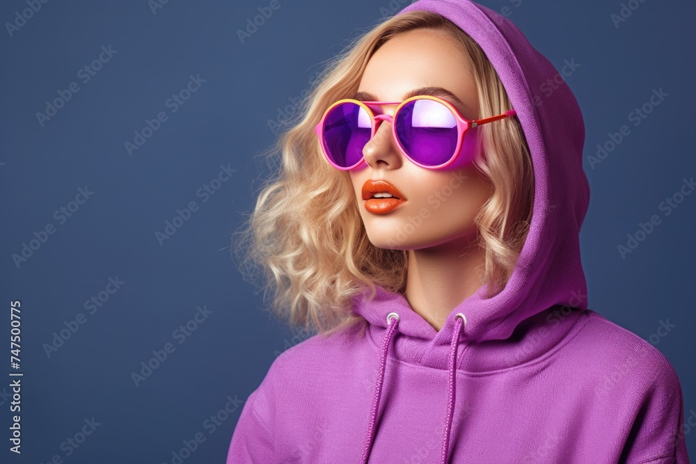 A stylish woman wearing a purple hoodie and sunglasses. Perfect for fashion or urban lifestyle concepts
