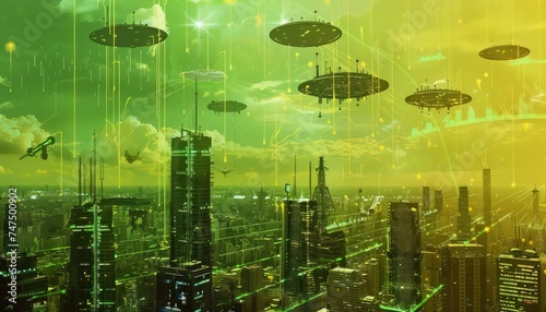 a city with various symbols flying in the sky  in the style of grid-based  yellow and green