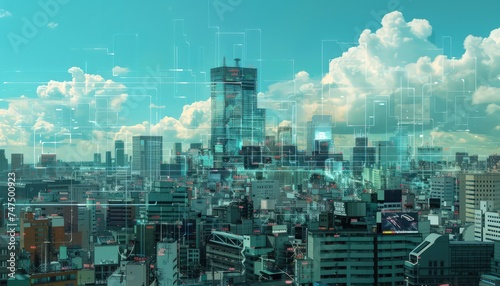a cityscape with computer images attached, futurist elements, spot metering, light sky-blue and teal photo