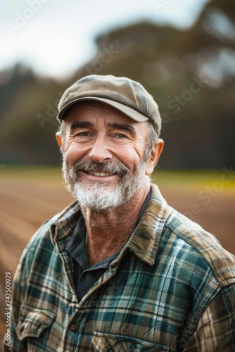 A man in a plaid shirt and hat smiling at the camera. Suitable for various projects