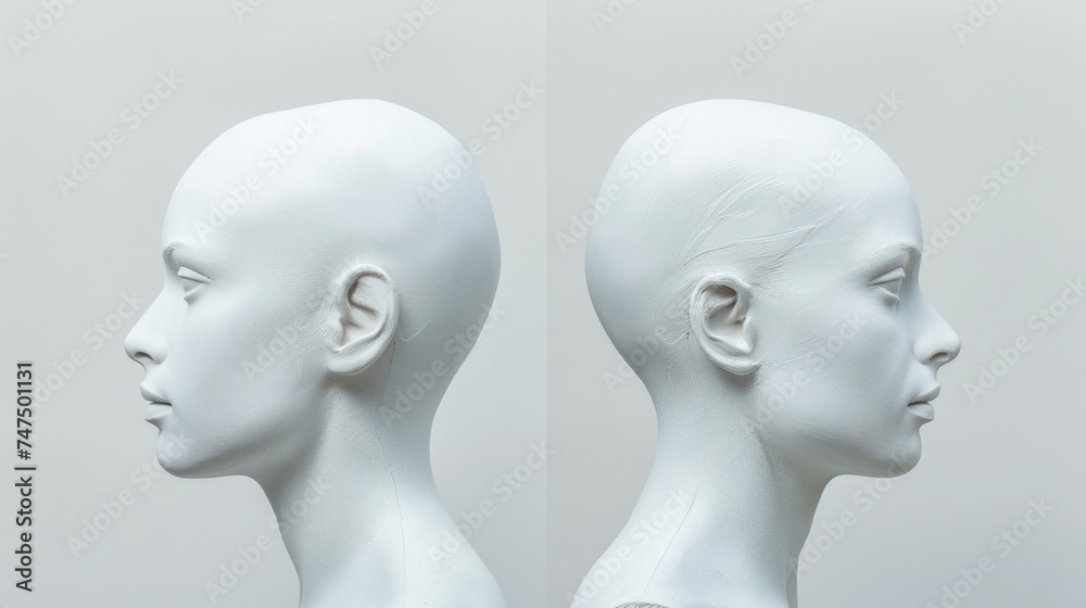 Two white mannequin heads displayed side by side. Ideal for fashion or beauty concepts Two white mannequin heads displayed side by side. Ideal for fashion or beauty concepts
