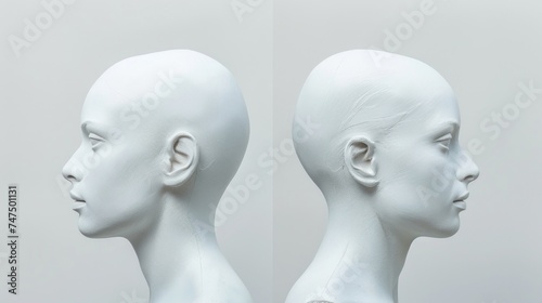 Two white mannequin heads displayed side by side. Ideal for fashion or beauty concepts