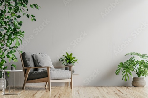 Scandinavian Style Living Room Interior with Grey Armchair and Plant Decoration - 3D Rendering