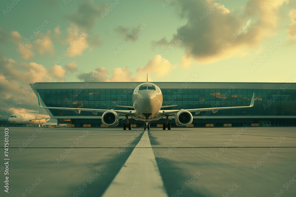 Airplane parking near modern airport terminal building. Airplane parking near modern airport terminal building.