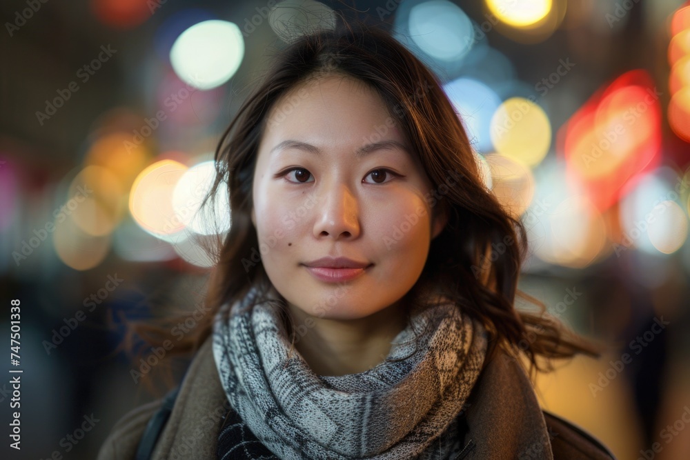 A woman wearing a scarf around her neck, suitable for fashion concepts A woman wearing a scarf around her neck, suitable for fashion concepts