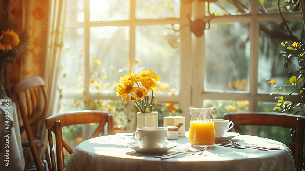 Breakfast room setting with table and chairs with a sunny morning view through the panorama window. 