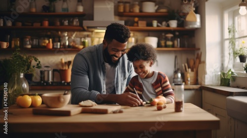 A man and a child preparing food in a kitchen. Suitable for family and cooking concepts