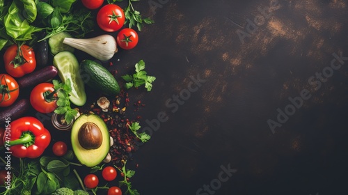 Fresh delicious ingredients for healthy cooking or salad making on rustic background, top view, banner. Diet or vegetarian food concept
