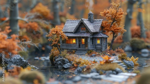 3D paper model of a cozy autumn cabin retreat, surrounded by changing leaves and a cool breeze