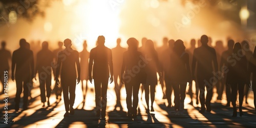 a group of people is silhouetted, calming symmetry, light-filled scenes, street style realism © STOCKYE STUDIO