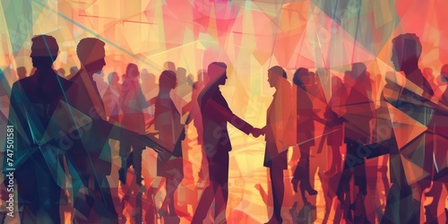 a group of business people shake hands over a background of people, in the style of soft and dreamy depictions, contrasting light and dark tones