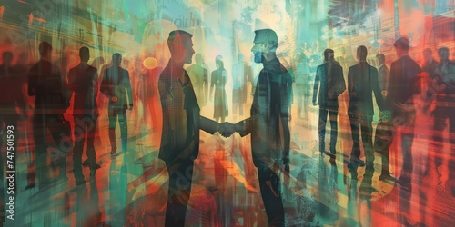 a group of business people shake hands over a background of people  in the style of soft and dreamy depictions  contrasting light and dark tones