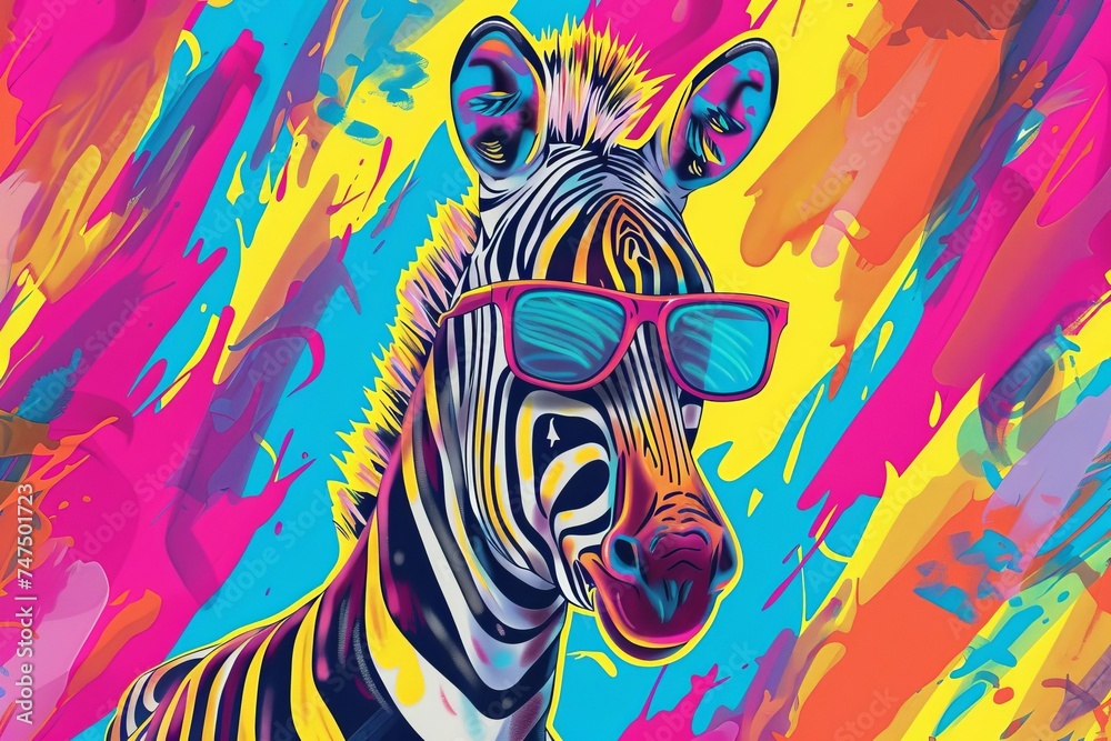 Obraz premium Vibrant Hand-drawn cartoon zebra wearing cool sunglasses Set against a playful Abstract background.