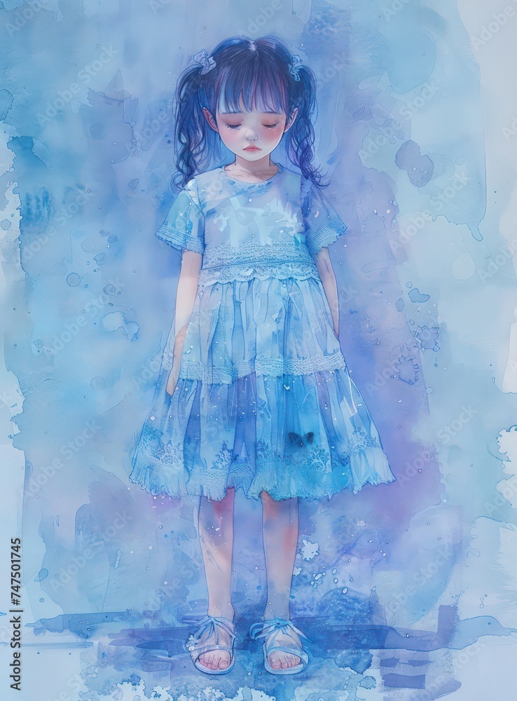 a little girl wearing a blue dress and shoes